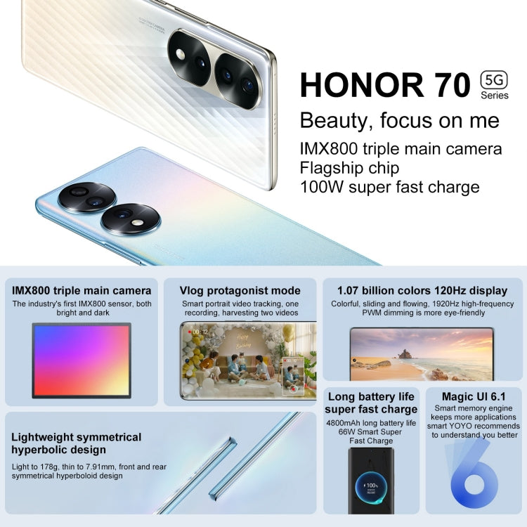 Triple Back Cameras, Screen Fingerprint Identification, 6.67 inch Magic UI 6.1 Qualcomm Snapdragon 778G Plus Octa Core up to 2.5GHz, Network: 5G, OTG, NFC, Not Support Google Play, Honor 70 5G 12GB+512GB Triple Back Cameras, Screen Fingerprint Identification, 6.67 inch Magic UI 6.1 Qualcomm Snapdragon 778G Plus Octa Core up to 2.5GHz, Network: 5G, OTG, NFC, Not Support Google Play, Honor 70 5G 12GB+512GB